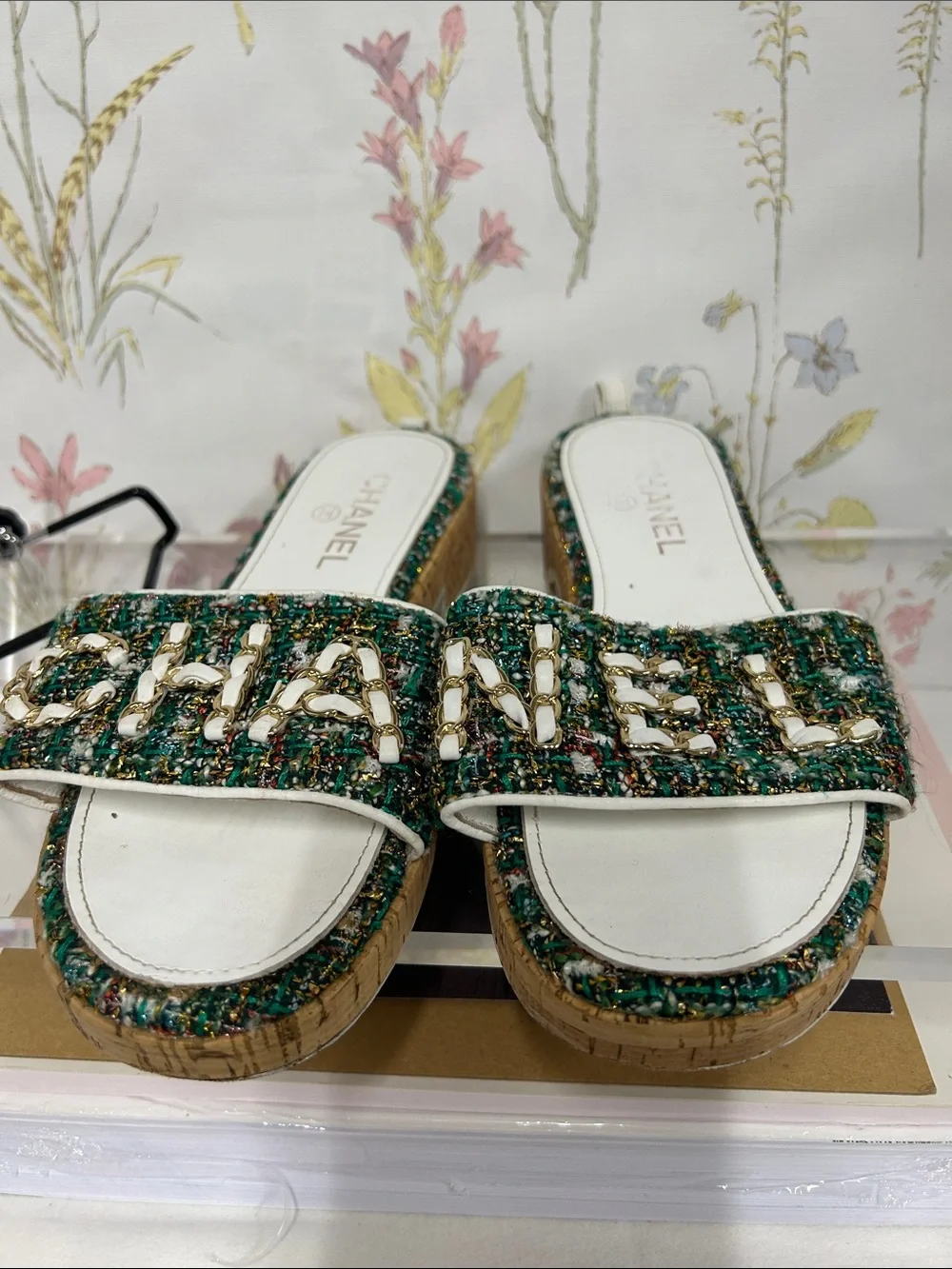 CHANEL Green Tweed Espadrille Slide Sandals with Gold Chain Logo